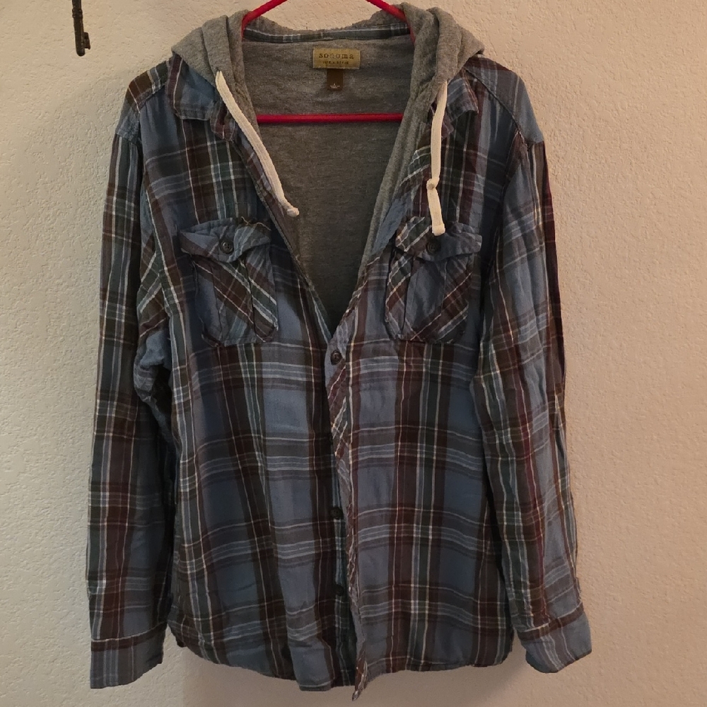 Sonoma Blue Plaid Hooded Shirt Jacket